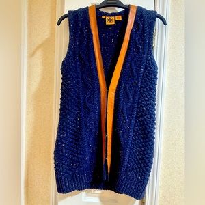 Tory Burch - Navy Speckled Knit Merino Wool Blend Vest with Leather trim Sz M